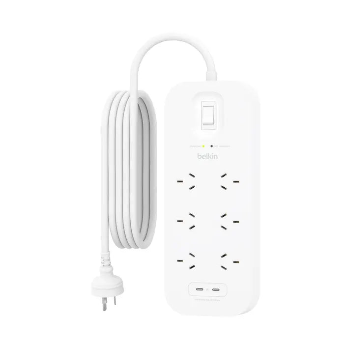 Belkin SurgePro 6-Outlet Surge Protector With Dual USB-C (30W) - White(SRB006AU2M), 2M Power Cord... - Image 2