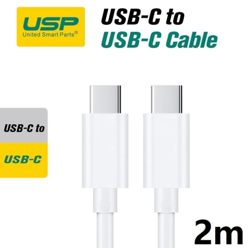 USP USB-C to USB-C Mini Cable (2M) - White, 3A (60W), Fast Charge, High Performance, Durable, 8K...