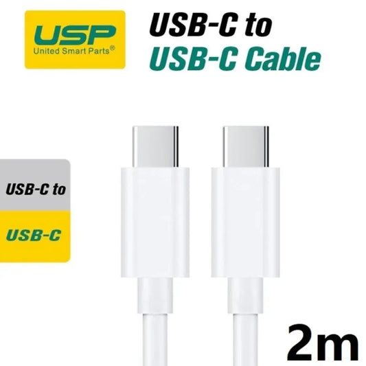 USP USB-C to USB-C Mini Cable (2M) - White, 3A (60W), Fast Charge, High Performance, Samsung Gala...