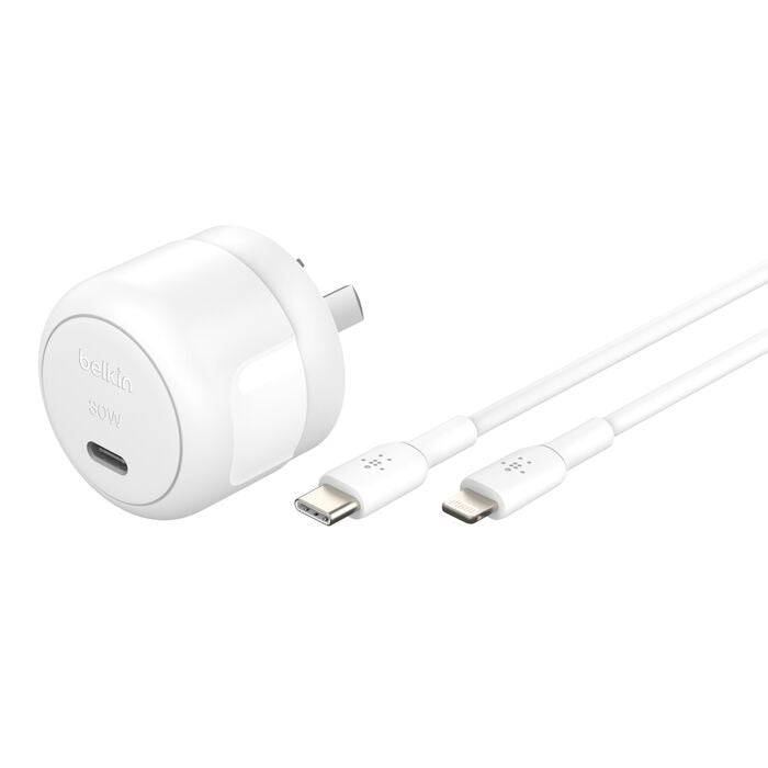 Belkin BoostCharge Compact 30W USB-C (PD 3.1) Wall Charger + USB-C to Lightning Cable - White (WC...