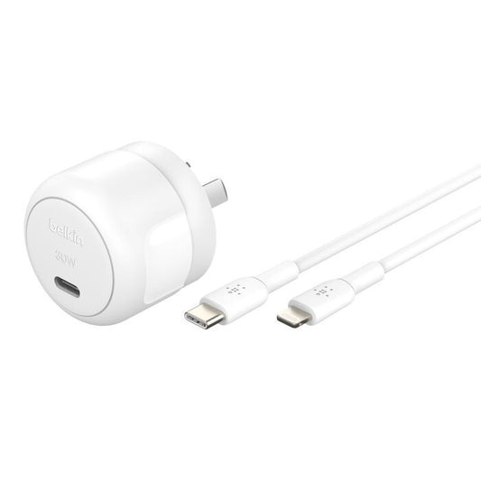 Belkin BoostCharge Compact 30W USB-C (PD 3.1) Wall Charger + USB-C to Lightning Cable - White (WC...