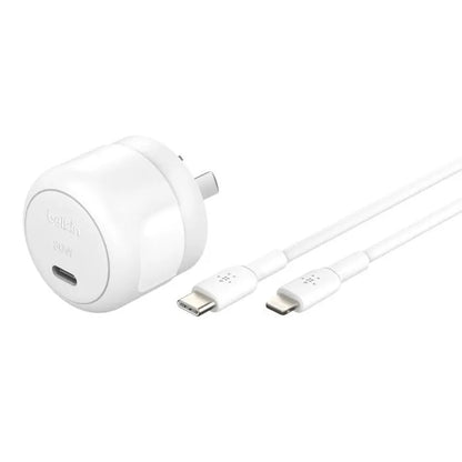 Belkin BoostCharge Compact 30W USB-C (PD 3.1) Wall Charger + USB-C to Lightning Cable - White (WC...