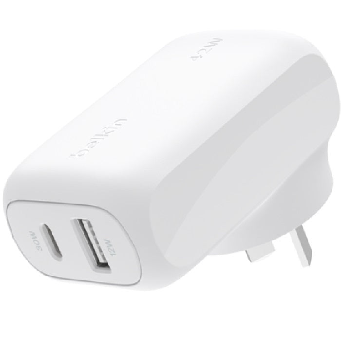 Belkin BoostCharge 42W PD 3.0 PPS Dual Wall Charger - White (WCB009auWH), 1xUSB-C (30W), 1xUSB-A...