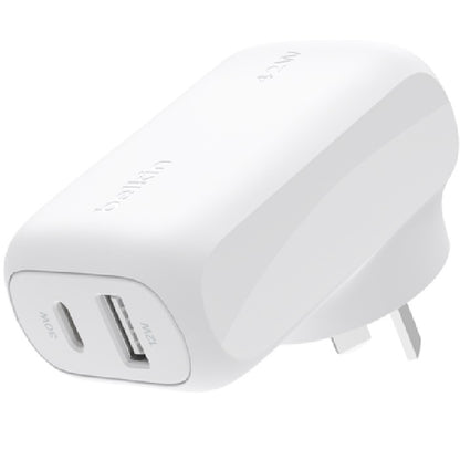 Belkin BoostCharge 42W PD 3.0 PPS Dual Wall Charger - White (WCB009auWH), 1xUSB-C (30W), 1xUSB-A...