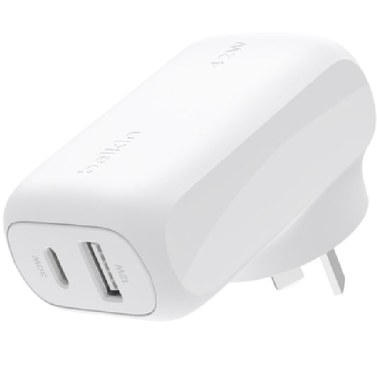 Belkin BoostCharge 42W PD 3.0 PPS Dual Wall Charger - White (WCB009auWH), 1xUSB-C (30W), 1xUSB-A...