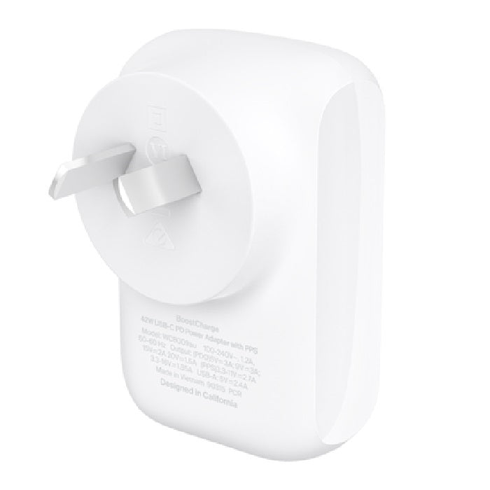 Belkin BoostCharge 42W PD 3.0 PPS Dual Wall Charger - White (WCB009auWH), 1xUSB-C (30W), 1xUSB-A... - Image 2