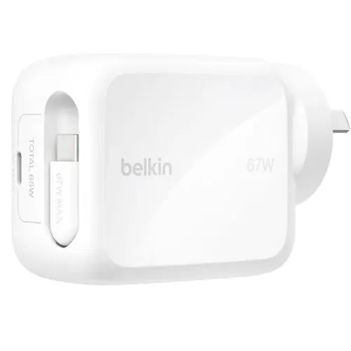 Belkin UltraCharge Retractable Dual 67W USB-C GaN Wall Charger - White(WCH022auWH),1xUSB-C,1x Ret...