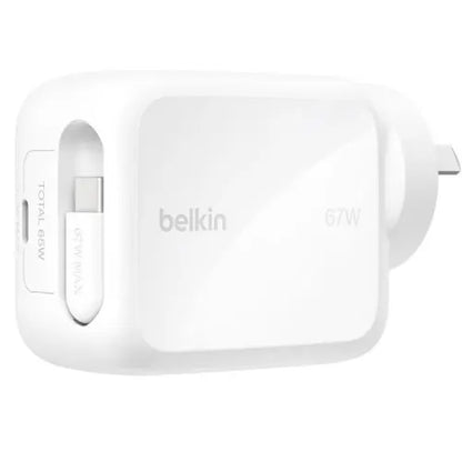 Belkin UltraCharge Retractable Dual 67W USB-C GaN Wall Charger - White(WCH022auWH),1xUSB-C,1x Ret...