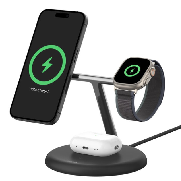 Belkin BoostCharge Pro 3-in-1 Magnetic Qi2 Wireless Charging Stand + 36W Wall Charger + USB-C Cab...
