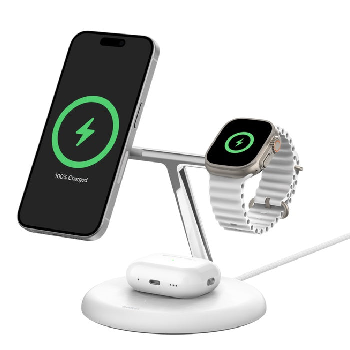 Belkin BoostCharge Pro 3-in-1 Magnetic Qi2 Wireless Charging Stand + 36W Wall Charger + USB-C Cab...