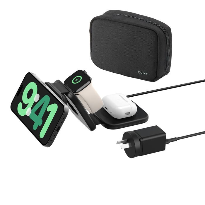 Belkin BoostCharge Pro 3-in-1 Magnetic Qi2 Wireless Travel Pad + 36W Wall Charger + USB-C Cable (...