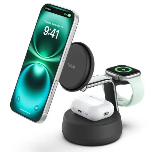 Belkin UltraCharge Pro 3-in-1 Magnetic Charging Dock w/ Qi2 (25W) +45W Wall Charger+USB-C Cable(1...