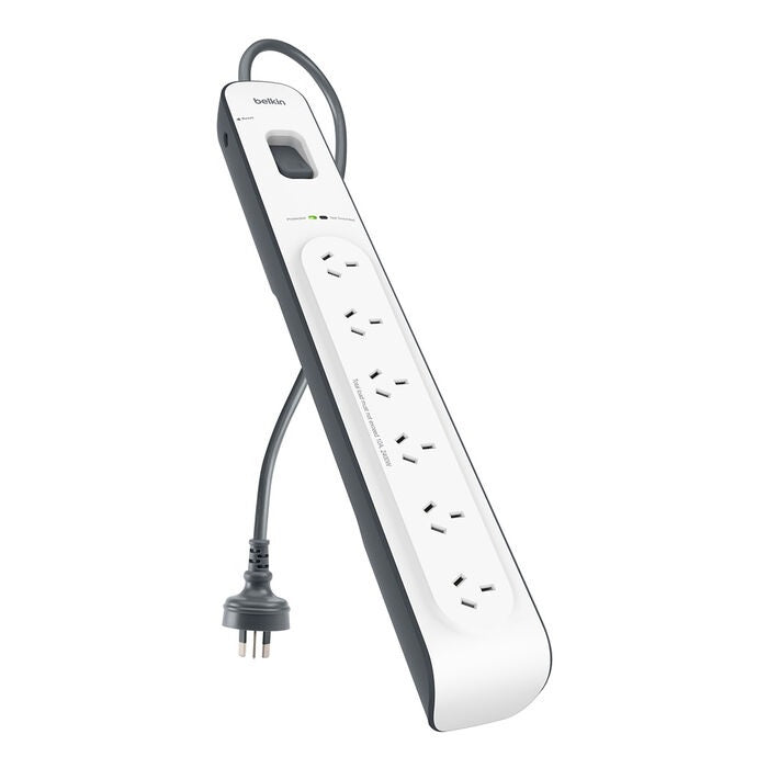 Belkin SurgeMaster 6-Outlet Surge Protection Strip - White/Grey (BSV603au2M), 2M Power Cord, 650...
