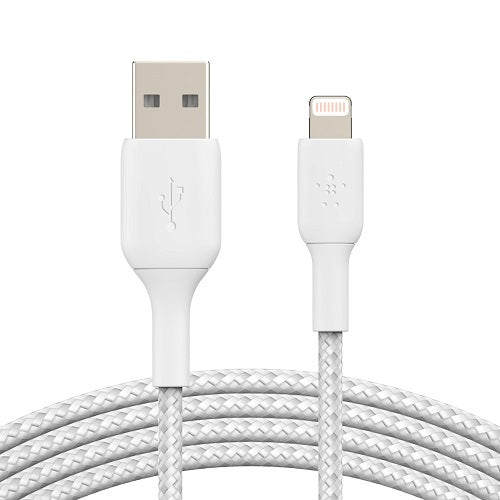 Belkin BoostCharge Braided Lightning to USB-A Cable (1M) - White (CAA002bt1MWH), 2.4A/12W, 480Mbp...