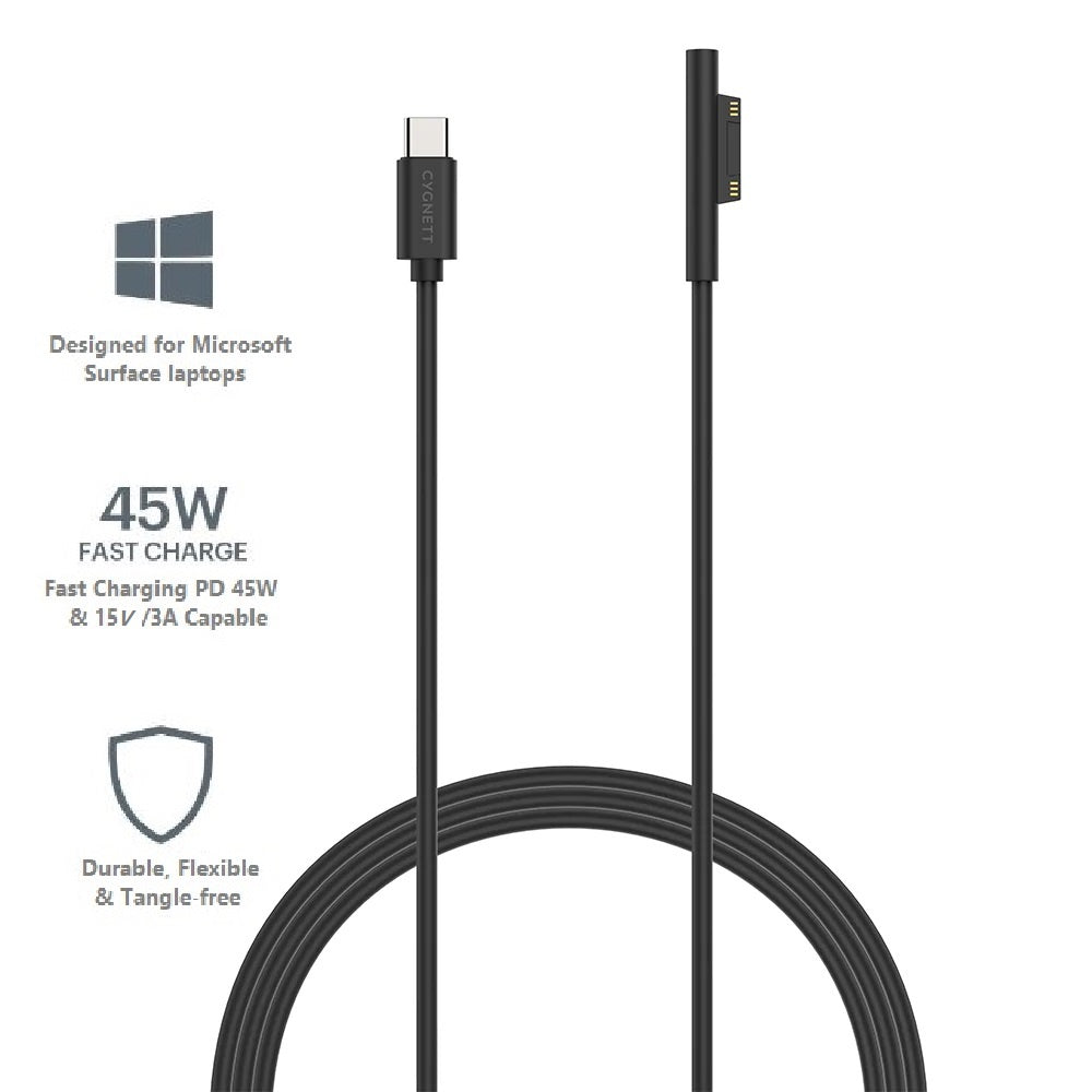 Cygnett Essentials USB-C To Microsoft Surface Laptop Cable (1M) - Black (CY3034USCMS), 45W Fast C...