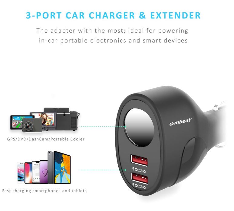 mbeat®  Gorilla Power Dual Port QC3.0 Car Charger and Cigarette Lighter Extender features built-in over heat Package Weight: 70g