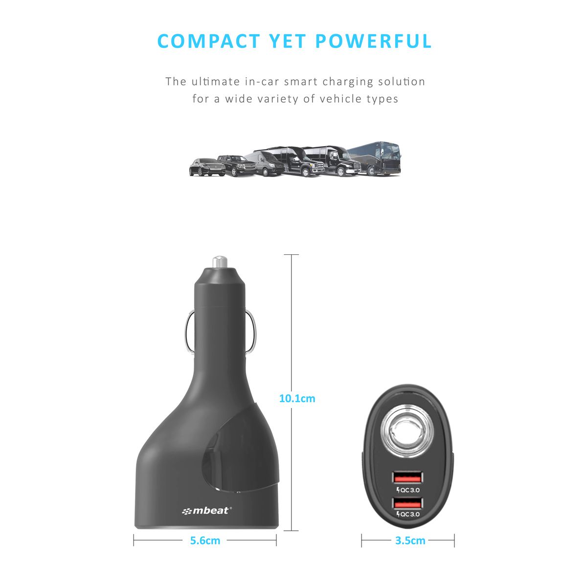 mbeat®  Gorilla Power Dual Port QC3.0 Car Charger and Cigarette Lighter Extender features built-in over heat Package Weight: 70g