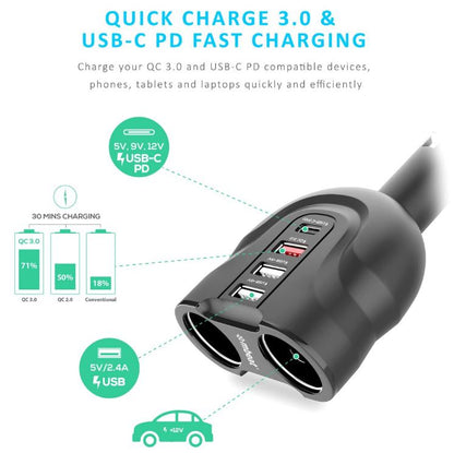 mbeat® Gorilla Power Four Port USB-C PD  QC3.0 Car Charger with Cigar Lighter Splitter features built-in over heat Package Weight: 120g