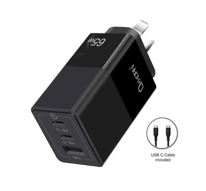 Oxhorn 65W GaN Type C fast Charger 3 Port 2xUSB-C 1xUSB-A PD3.0 QC4.0 PPS AUS Approved C-tick Bla...