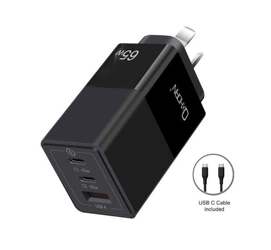 Oxhorn 65W GaN Type C fast Charger 3 Port 2xUSB-C 1xUSB-A PD3.0 QC4.0 PPS AUS Approved C-tick Bla...