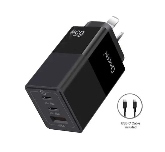 Oxhorn 65W GaN Type C fast Charger 3 Port 2xUSB-C 1xUSB-A PD3.0 QC4.0 PPS AUS Approved C-tick Bla...
