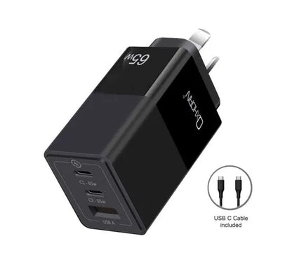 Oxhorn 65W GaN Type C fast Charger 3 Port 2xUSB-C 1xUSB-A PD3.0 QC4.0 PPS AUS Approved C-tick Bla...