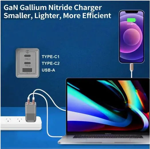 Oxhorn 65W GaN Type C fast Charger 3 Port 2xUSB-C 1xUSB-A PD3.0 QC4.0 PPS AUS Approved C-tick Bla... - Image 2