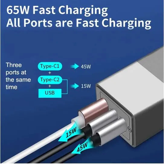 Oxhorn 65W GaN Type C fast Charger 3 Port 2xUSB-C 1xUSB-A PD3.0 QC4.0 PPS AUS Approved C-tick Bla... - Image 4