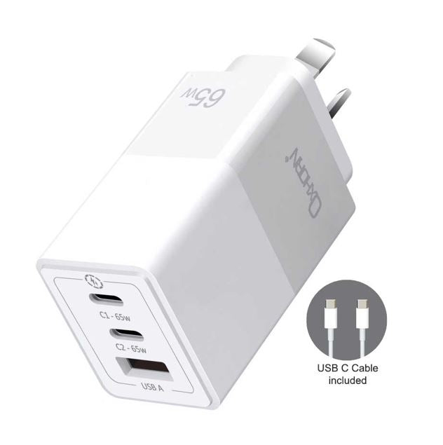 Oxhorn 65W GaN Type C fast Charger 3 Port 2xUSB-C 1xUSB-A PD3.0 QC4.0 PPS AUS Approved C-tick Whi...