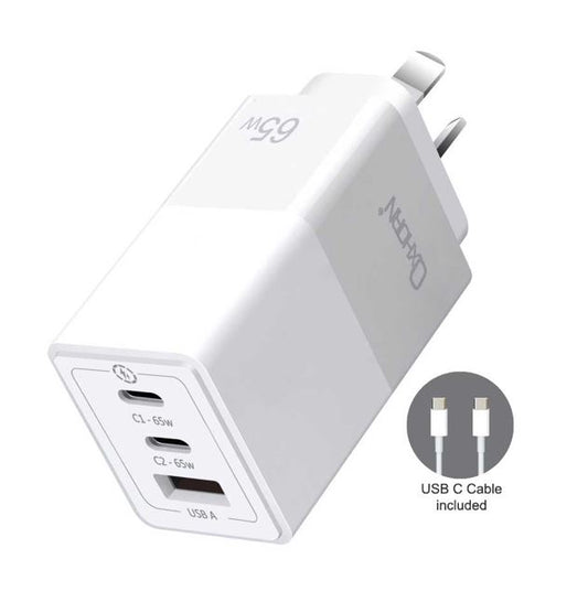 Oxhorn 65W GaN Type C fast Charger 3 Port 2xUSB-C 1xUSB-A PD3.0 QC4.0 PPS AUS Approved C-tick Whi...