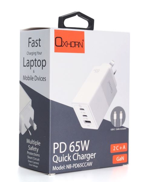 Oxhorn 65W GaN Type C fast Charger 3 Port 2xUSB-C 1xUSB-A PD3.0 QC4.0 PPS AUS Approved C-tick Whi... - Image 2