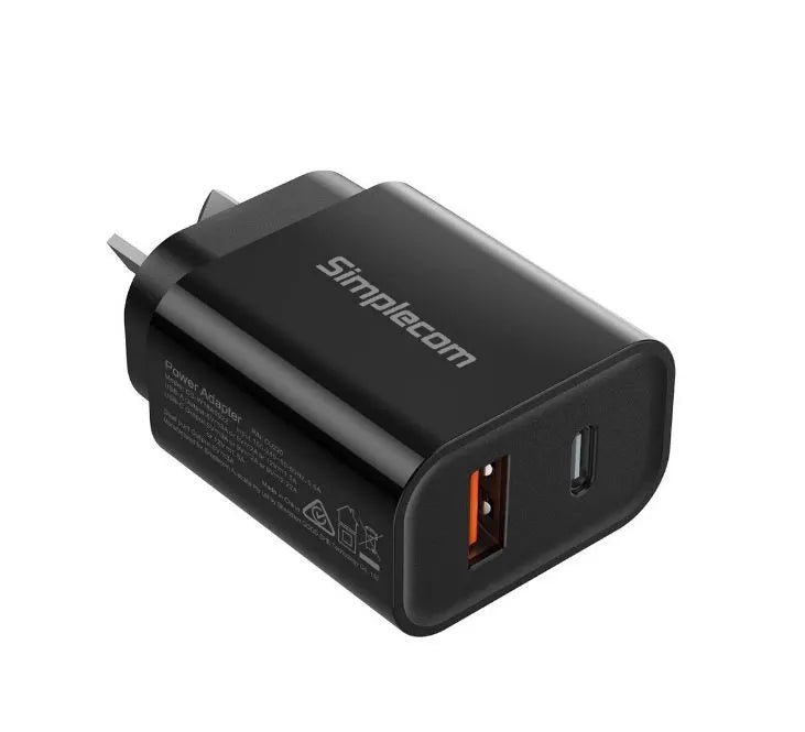 Simplecom CU220 Dual Port PD 20W Fast Wall Charger USB-C + USB-A for Phone Tablet - Chargers - Mo...