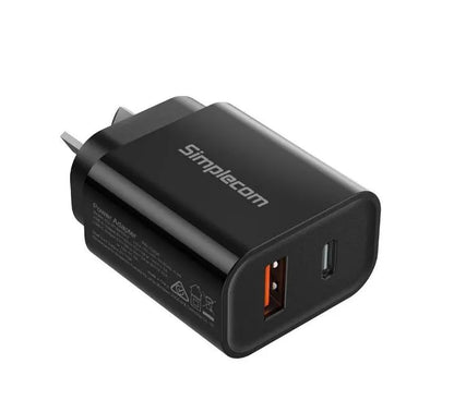 Simplecom CU220 Dual Port PD 20W Fast Wall Charger USB-C + USB-A for Phone Tablet - Chargers - Mo...