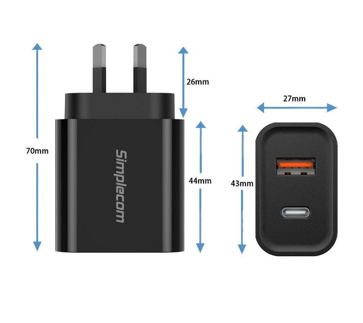 Simplecom CU220 Dual Port PD 20W Fast Wall Charger USB-C + USB-A for Phone Tablet