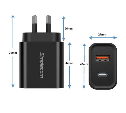 Simplecom CU220 Dual Port PD 20W Fast Wall Charger USB-C + USB-A for Phone Tablet