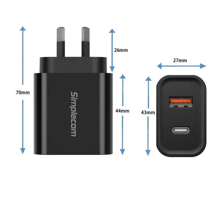 Simplecom CU220 Dual Port PD 20W Fast Wall Charger USB-C + USB-A for Phone Tablet - Chargers - Mo... - Image 2