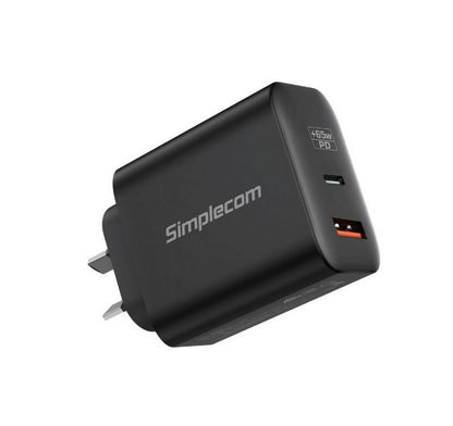 Simplecom CU265 Dual Port PD 65W GaN Fast Wall Charger USB-C + USB-A for Phone Laptop - Chargers...