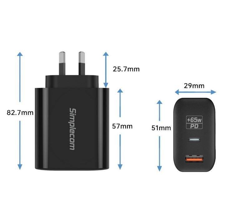 Simplecom CU265 Dual Port PD 65W GaN Fast Wall Charger USB-C + USB-A for Phone Laptop - Chargers... - Image 3