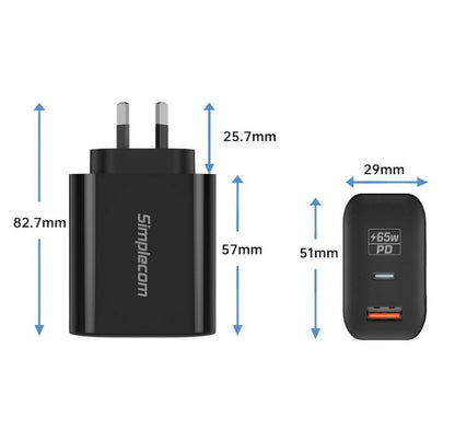 Simplecom CU265 Dual Port PD 65W GaN Fast Wall Charger USB-C + USB-A for Phone Laptop - Chargers... - Image 3