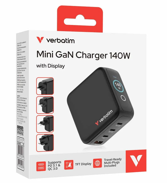 Verbatim Mini GaN Charger 140W with Display  Premium 4-port GaN wall charger with three USB-C® an...