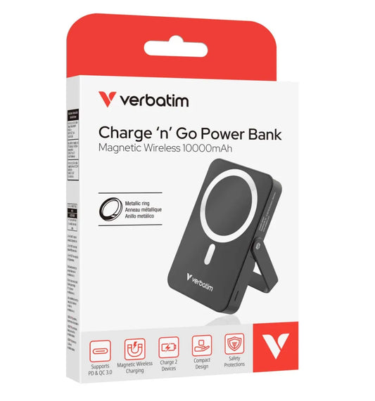 Verbatim Power Bank Magnetic Wireless 10,000mAh with Stand - Black - Power Banks