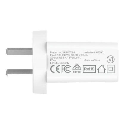 Verbatim USB Charger Single Port 2.4A - White Single Port Wall Charger Rohs, CE, Apple, Android,... - Image 3