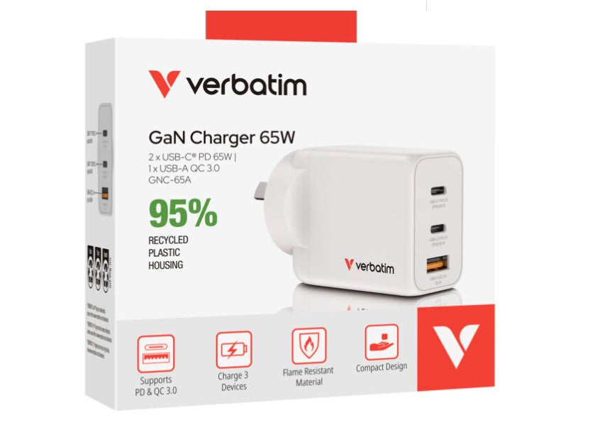 Verbatim 3 Port 65 Watt Portable GaN charger, 2 x USB-C PD 65w, 1x USB-A QC 3.0, GNC-65A Compact...