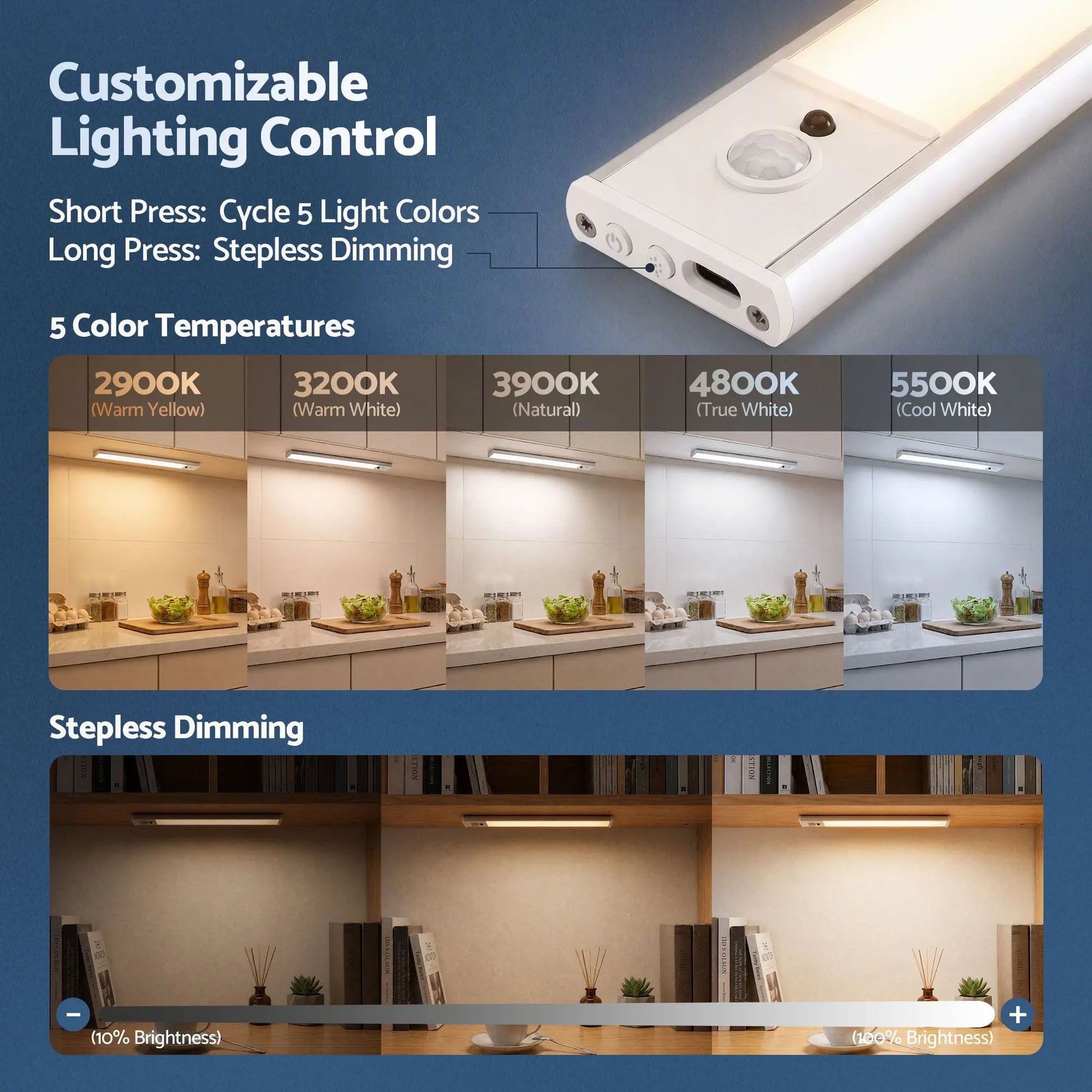 Artiss 4-Pack 25cm Motion Sensor Under Cabinet Lights, LED Closet Light with 5 Colors Dimmable - Image 5
