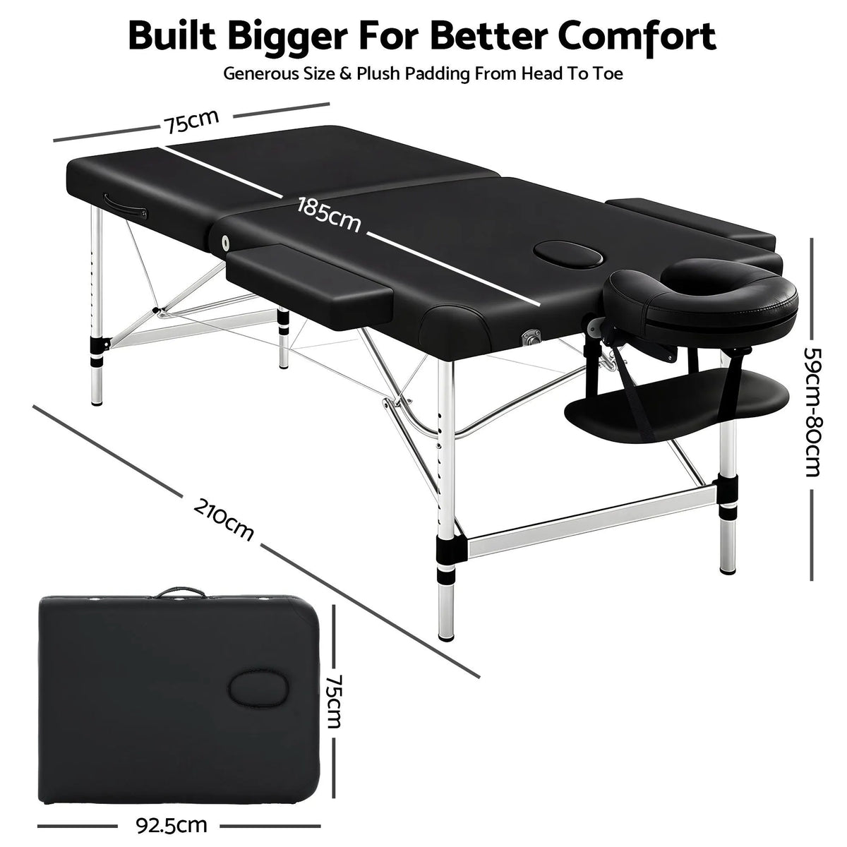Zenses Massage Table 75cm Portable 2 Fold Aluminium Beauty Bed Black - Image 3