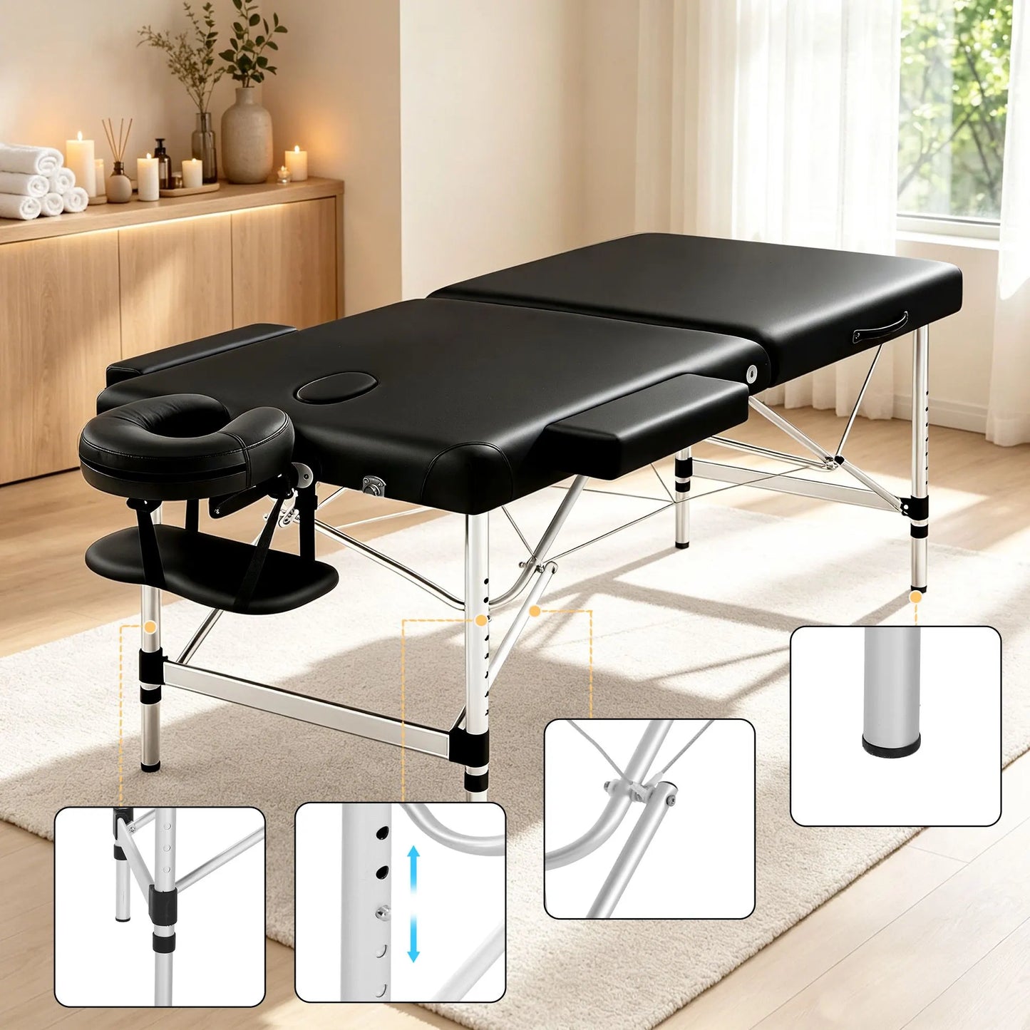 Zenses Massage Table 75cm Portable 2 Fold Aluminium Beauty Bed Black - Image 7