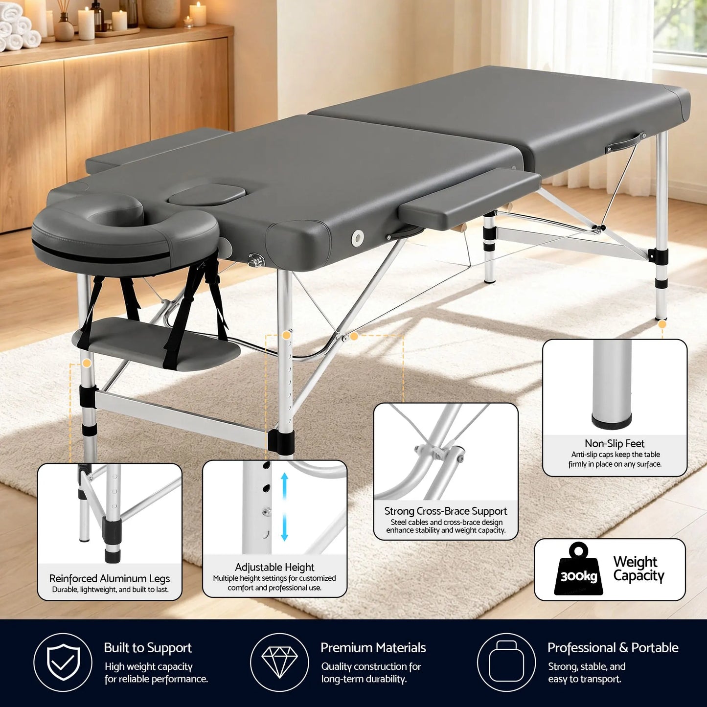 Zenses Massage Table 55cm Portable 2 Fold Aluminium Beauty Bed Grey - Image 6