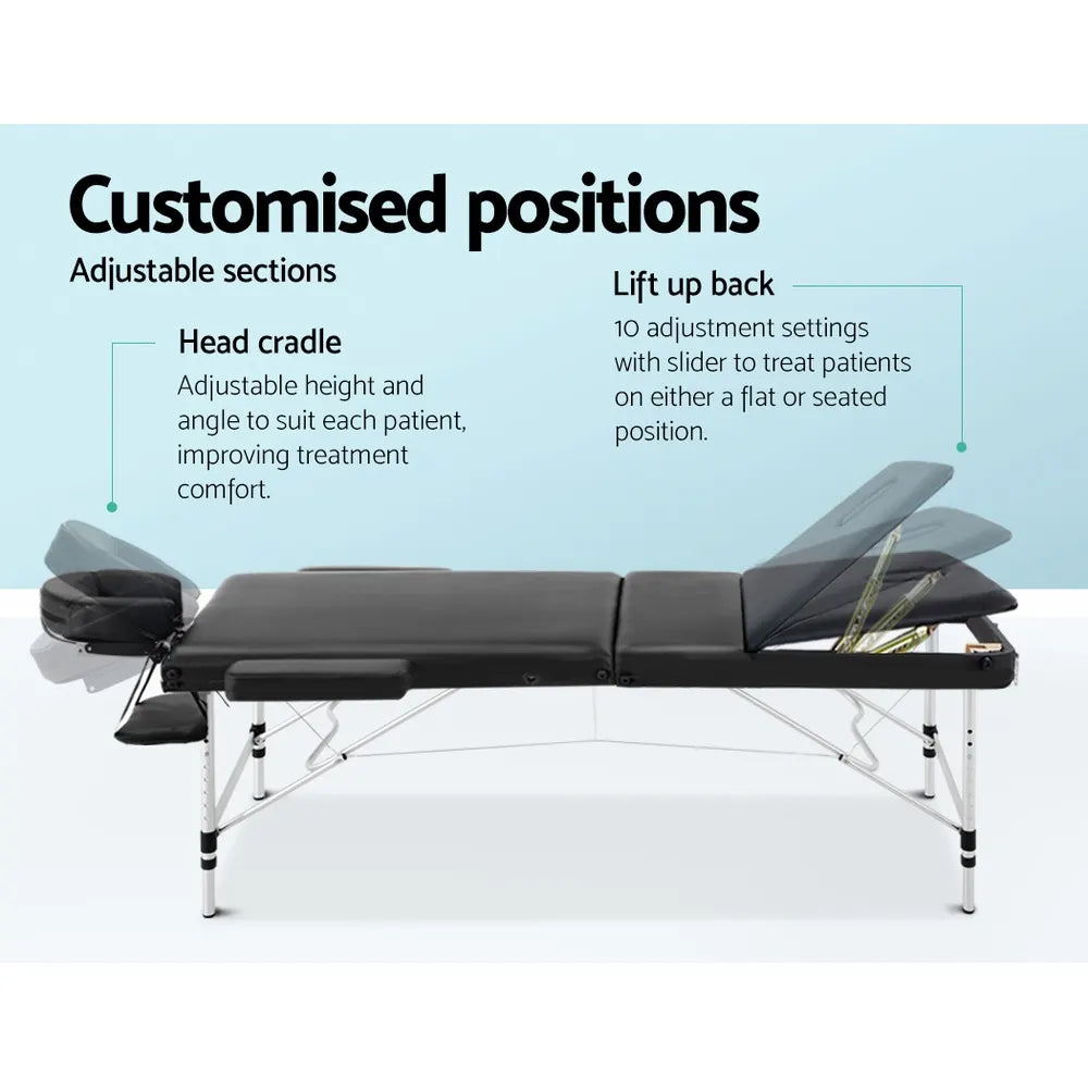 Zenses Massage Table 80cm Portable 3 Fold Aluminium Beauty Bed Black - Image 4