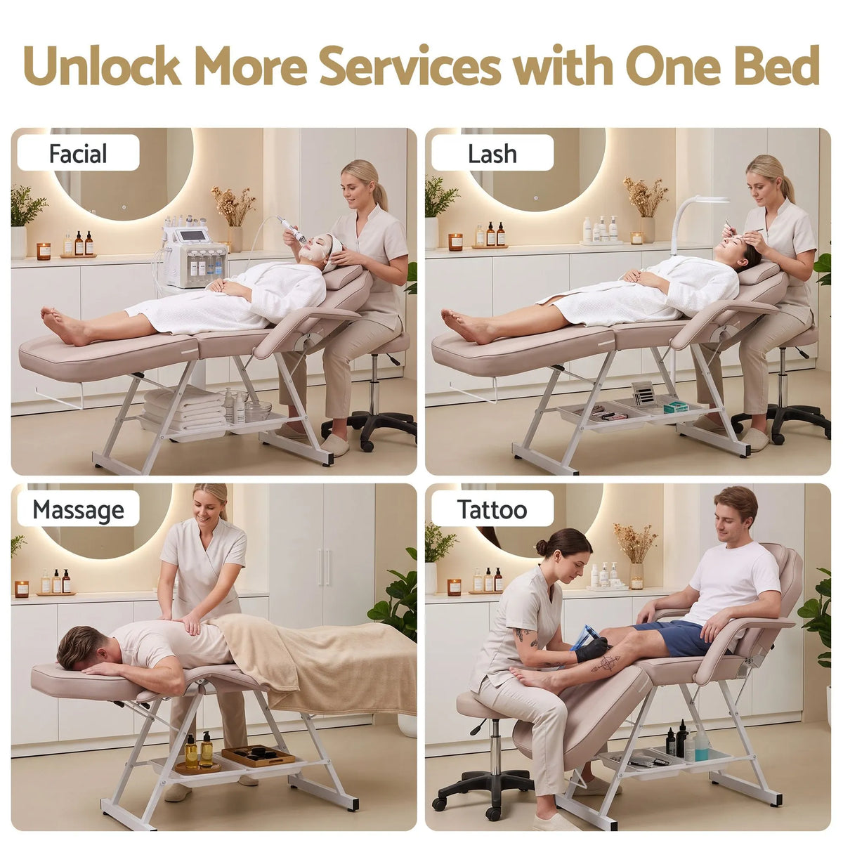 Zenses Beauty Bed with Stool, Beige, Adjustable Facial Massage Table, Tattoo Chair, Salon Services