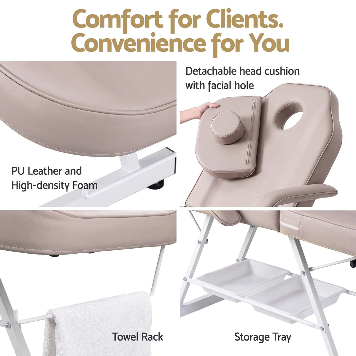Zenses Beauty Bed with Stool, Beige, Adjustable Facial Massage Table, Tattoo Chair, Salon Services - Image 3